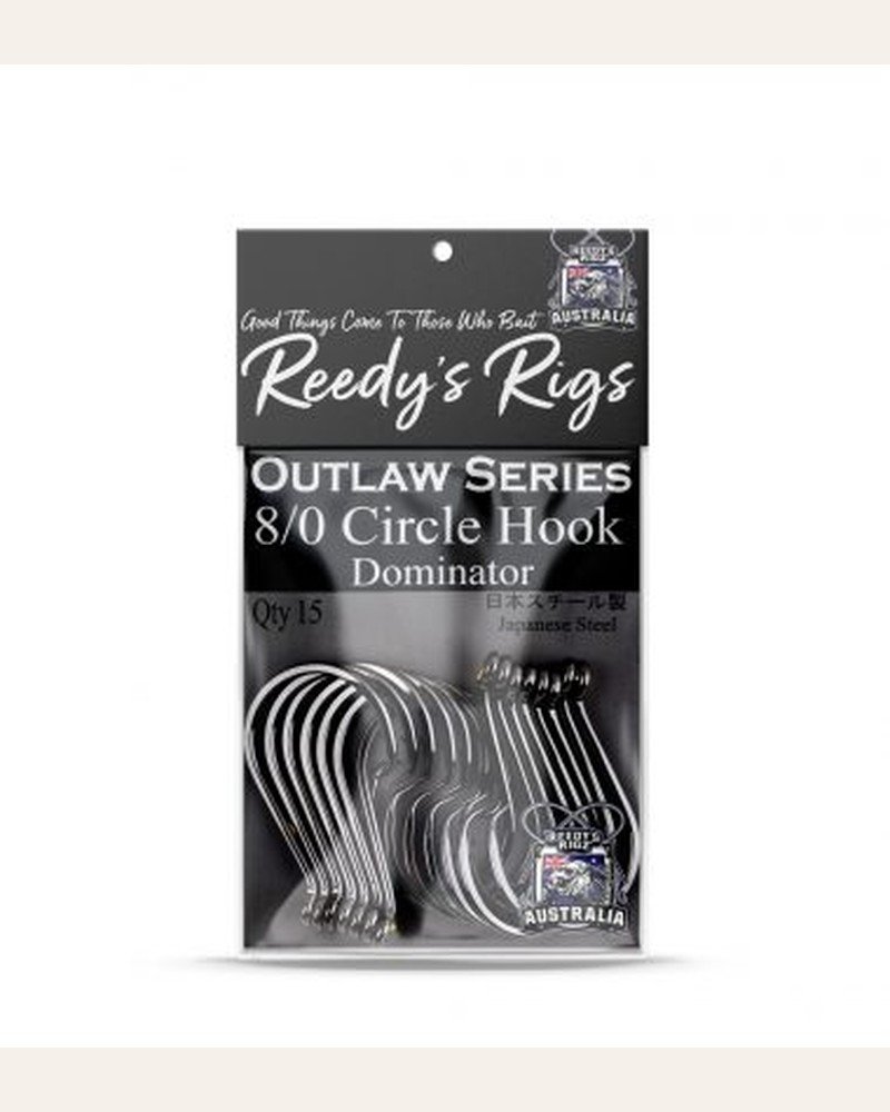 Reedy's Dominator 8/0 circle hook 15-pack — Japanese steel, chemically sharpened gummy shark hook for Western Port