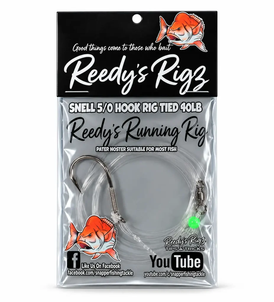 Reedy's Running Rig 2 pack, pre-tied with a snelled 5/0 187 hook on 40lb leader, swivel and green bead