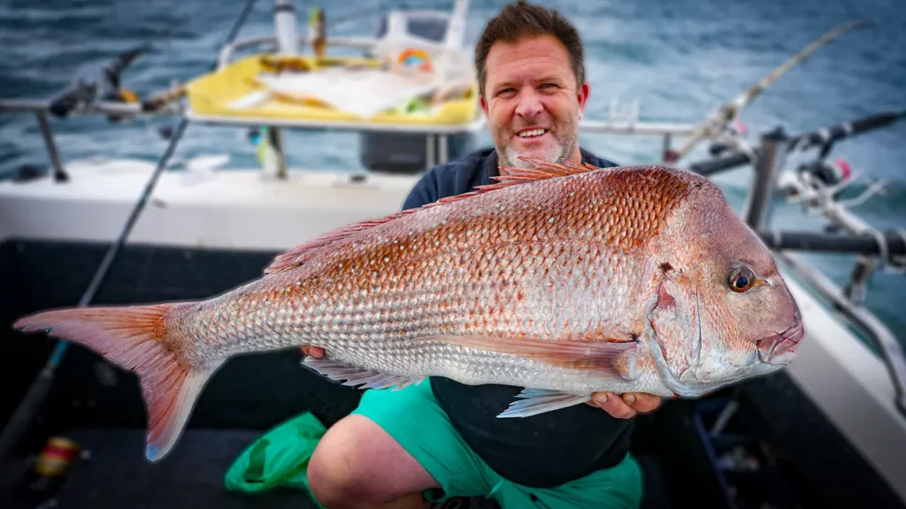 Angler holding a big snapper caught in shallow waters using bait