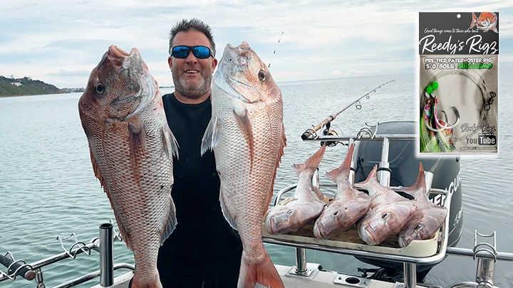 Angler holding snapper caught using Reedy’s Snapper Rig Pre-Tied Paternoster
