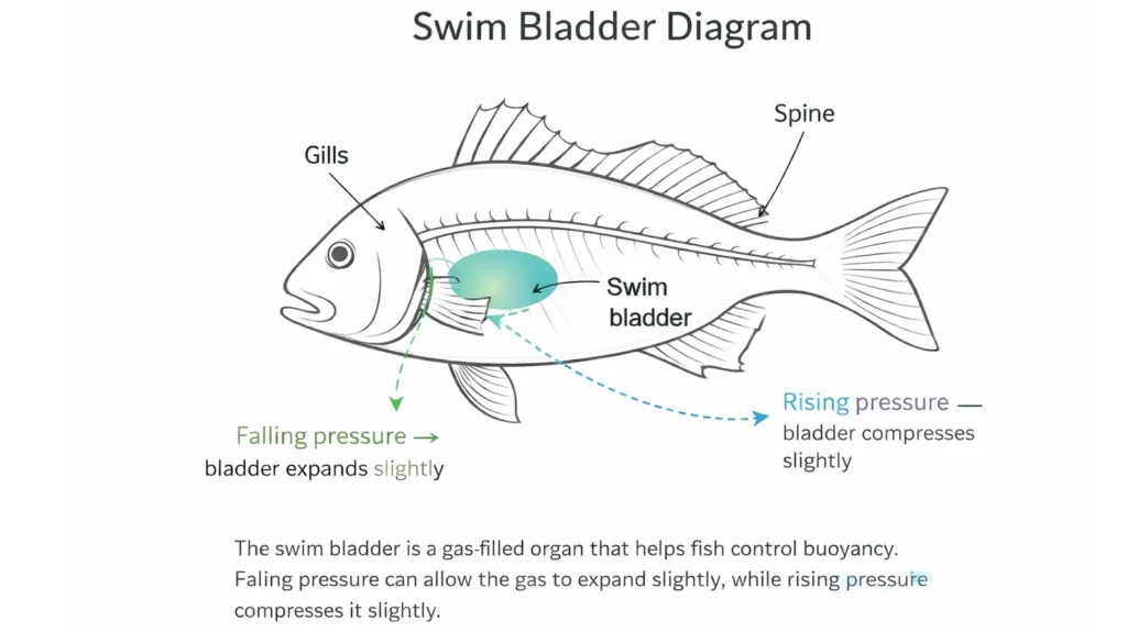 Fish swim bladder diagram showing how barometric pressure affects buoyancy in snapper and whiting