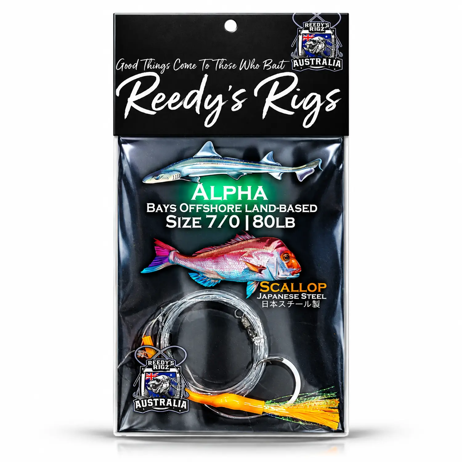 Reedy's Rigs Alpha Rig pre-tied heavy-duty snapper and gummy shark rig, 5/0 hooks, 80lb