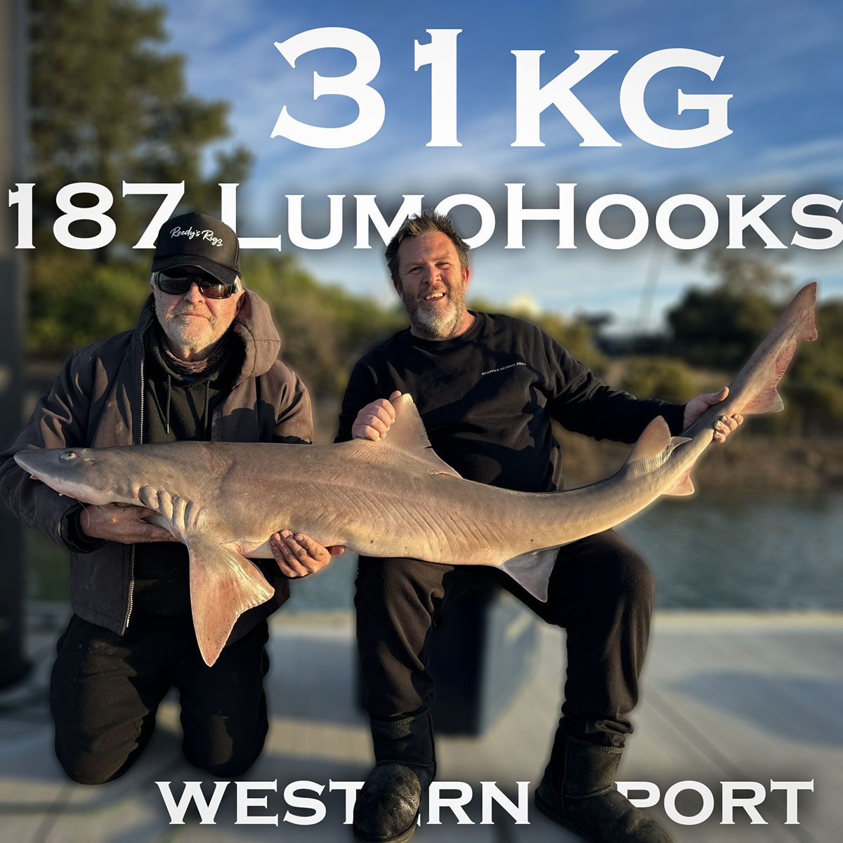 Brett Reed with 31kg world record gummy shark caught in Westernport on Reedy's Rigs 187 Lumo Hooks