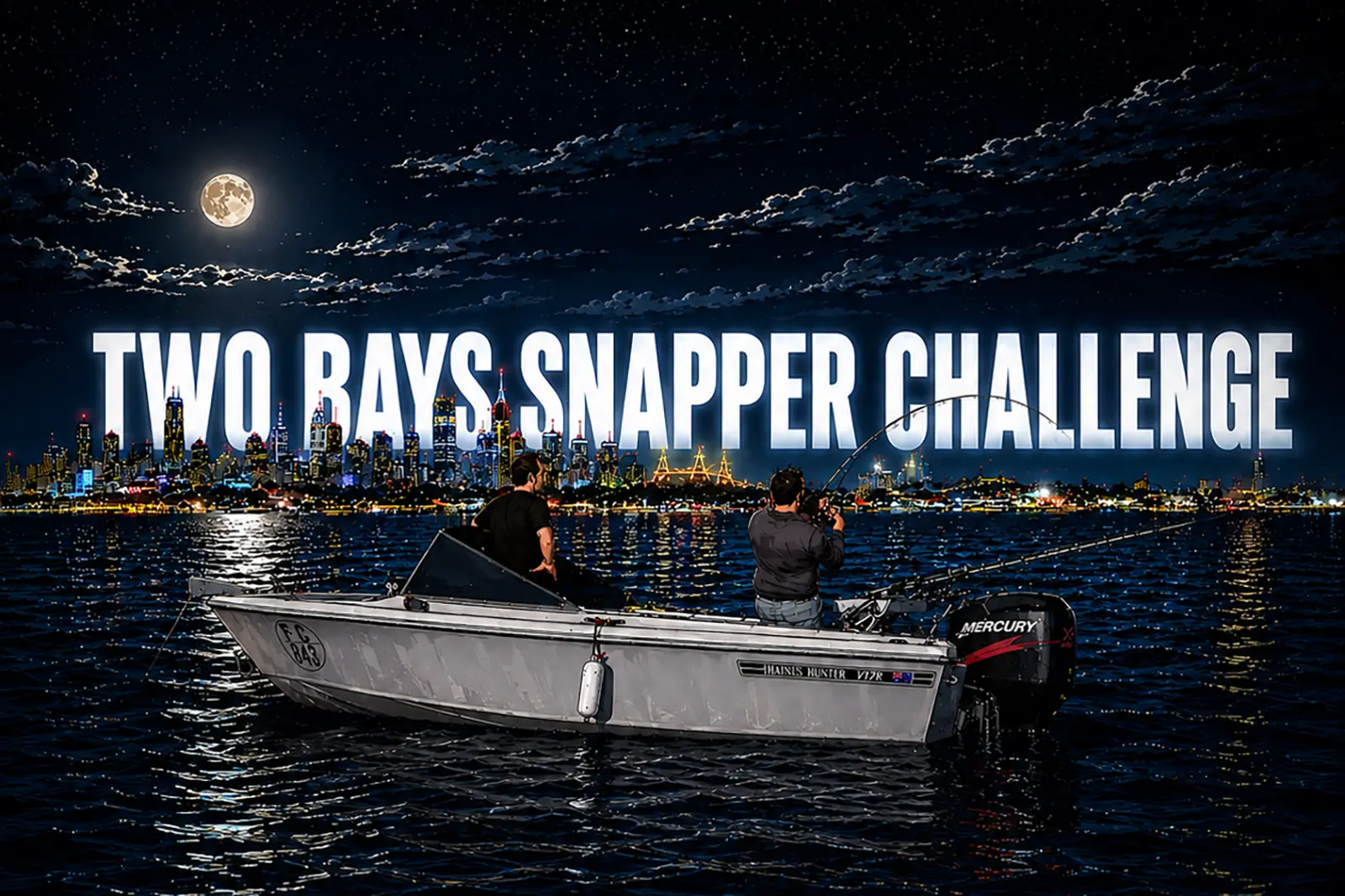 Official Two Bays Snapper Challenge 2026 banner featuring Melbourne's skyline and Port Phillip Bay. Victoria's major spring snapper fishing competition, bringing anglers together from across Melbourne and regional Victoria.