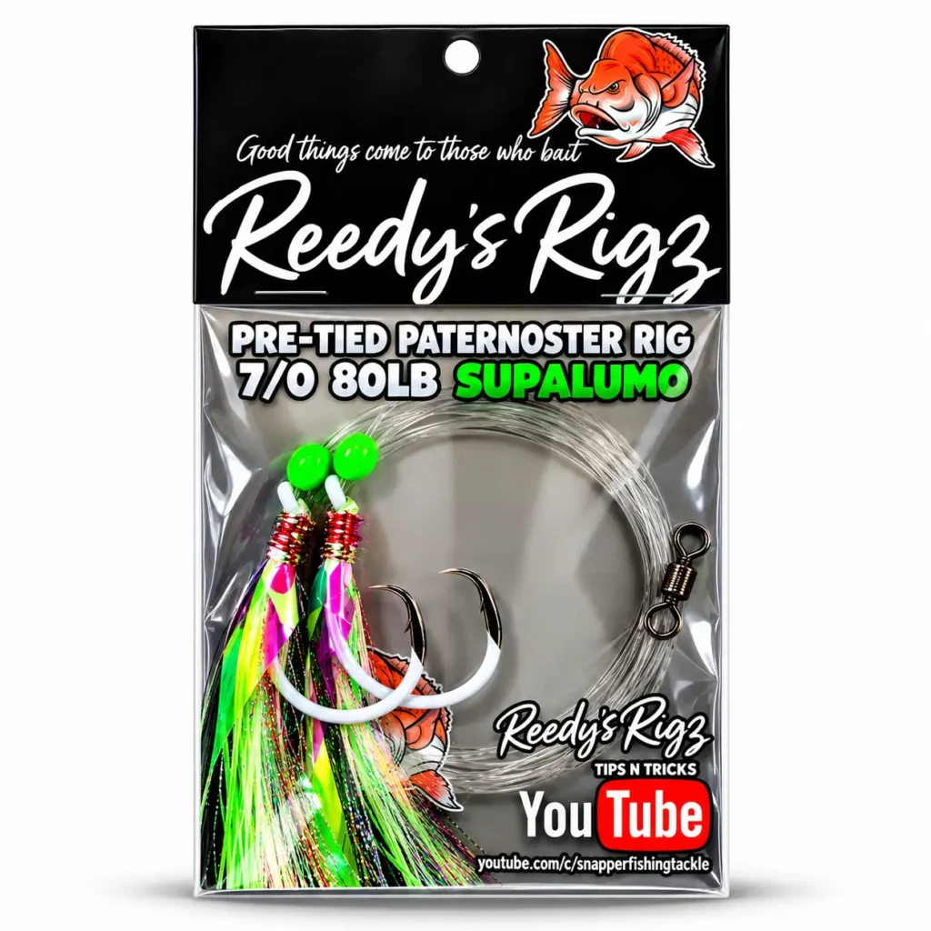 Reedy's Rigs Supa Lumo Ultra Rig – pre-tied paternoster snapper rig with glowing Supa Lumo flasher, lumo beads and Dominator lumo circle hooks on 80lb