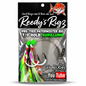 Reedy's Rigs Supa Lumo Ultra Rig – pre-tied paternoster snapper rig with glowing Supa Lumo flasher, lumo beads and Dominator lumo circle hooks on 80lb