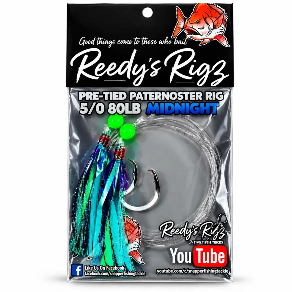 Reedy's Rigs Midnight Ultra Rig – pre-tied paternoster snapper rig with dark Midnight flasher, lumo beads and Dominator lumo circle hooks on 80lb
