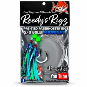 Reedy's Rigs Midnight Ultra Rig – pre-tied paternoster snapper rig with dark Midnight flasher, lumo beads and Dominator lumo circle hooks on 80lb