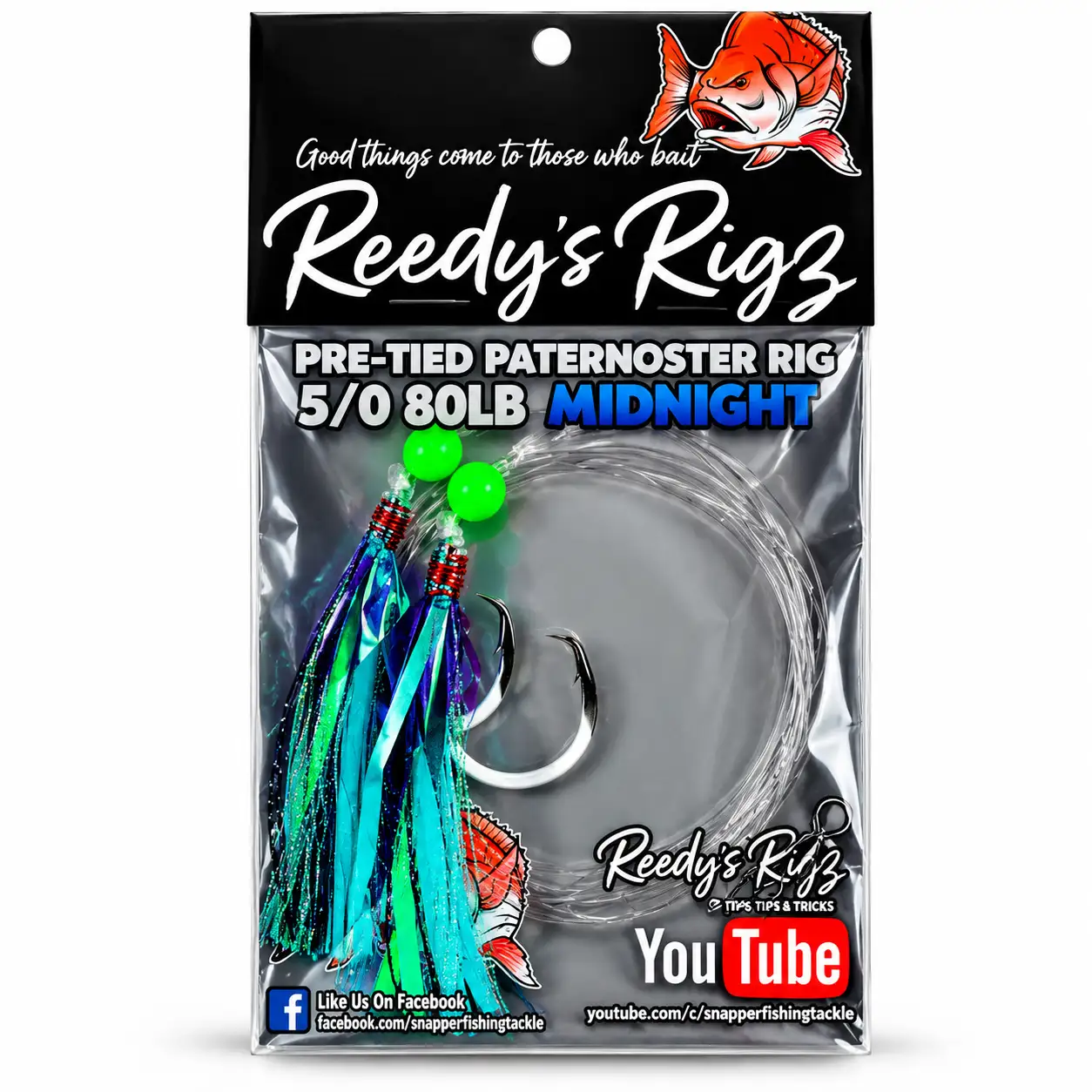 Reedy's Rigs Midnight Ultra Rig – pre-tied paternoster snapper rig with dark Midnight flasher, lumo beads and Dominator lumo circle hooks on 80lb