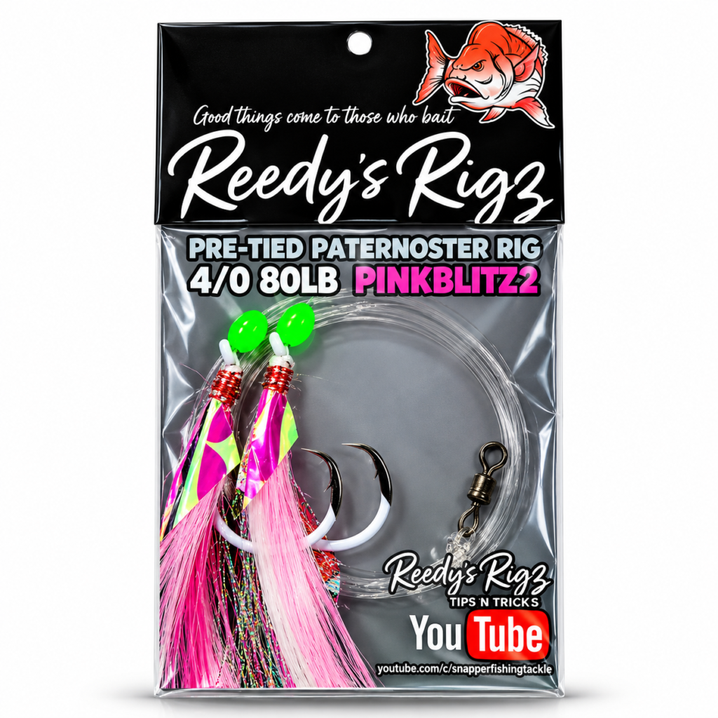 Reedy's Rigs PinkBlitz 2.0 Ultra Rig – pre-tied paternoster snapper rig with pink PinkBlitz flasher, lumo beads and Dominator lumo circle hooks on 80lb