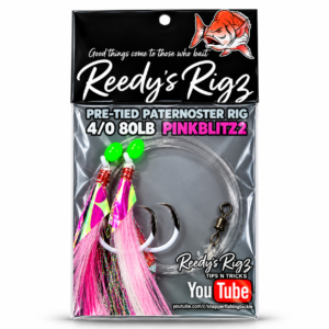 Reedy's Rigs PinkBlitz 2.0 Ultra Rig – pre-tied paternoster snapper rig with pink PinkBlitz flasher, lumo beads and Dominator lumo circle hooks on 80lb
